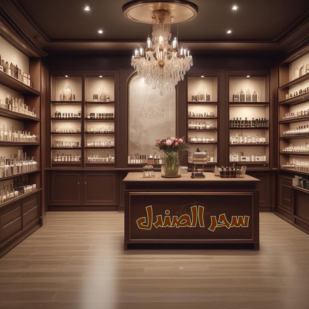 Elegant perfume shop interior with wooden shelves, a chandelier, and a flower vase on the counter.